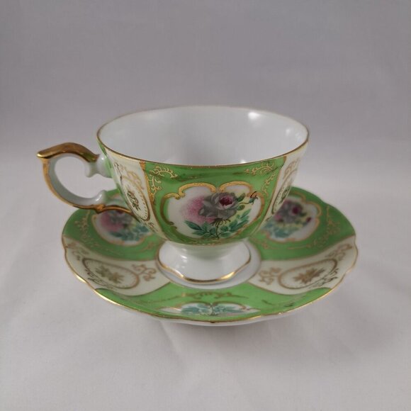 Thames Green Bone China Floral Tea Cup Saucer Gold Trimmed Vintage - Picture 14 of 16